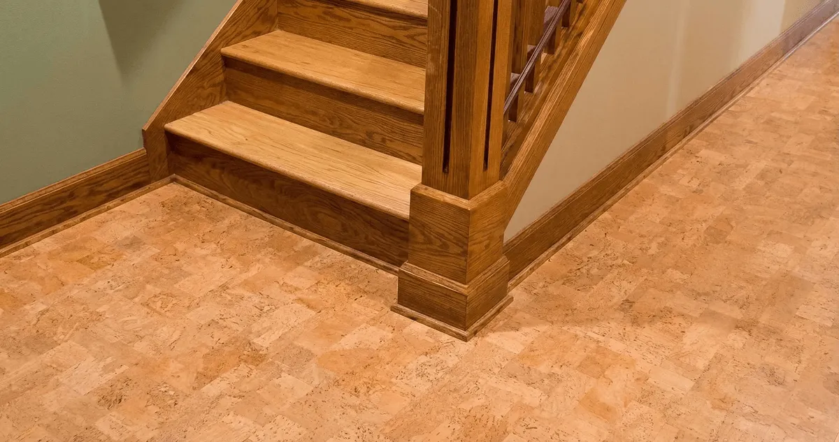 End of a staircase with cork flooring in Yonkers, NY