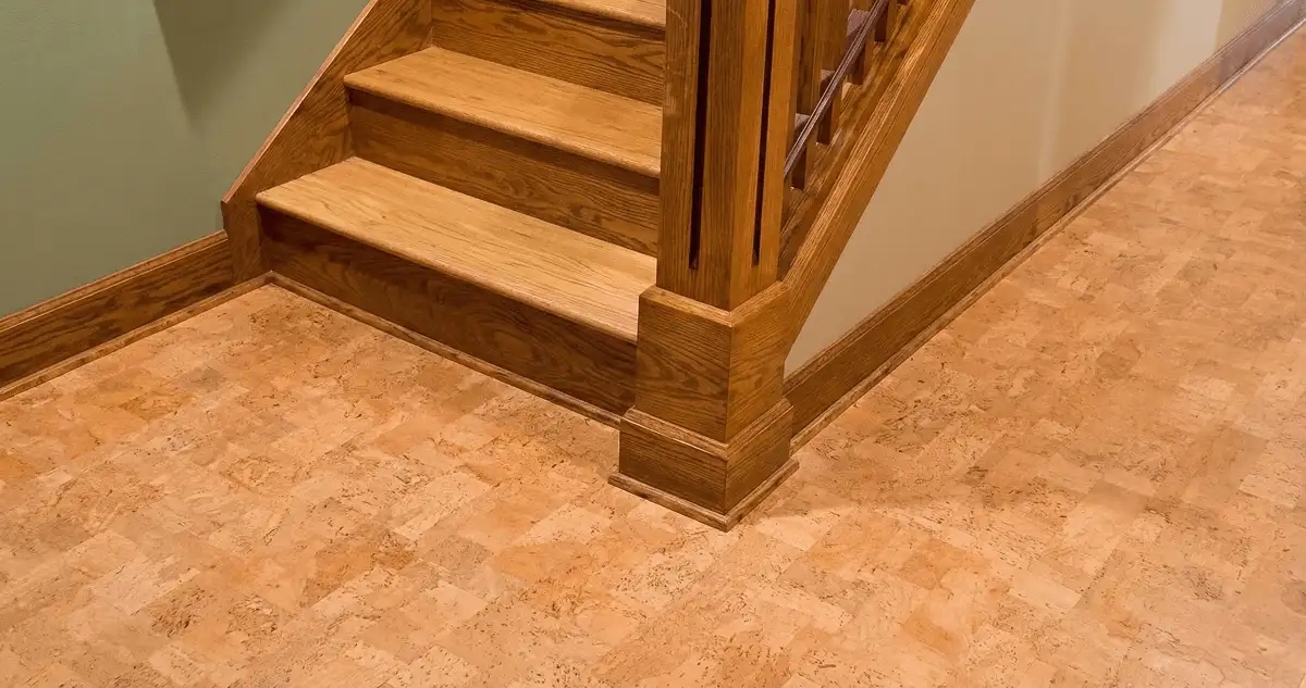 End of a staircase with cork flooring in Yonkers, NY