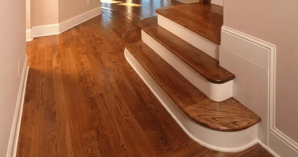 Base floor of a staircase with professionally restored wood flooring in Yonkers NY